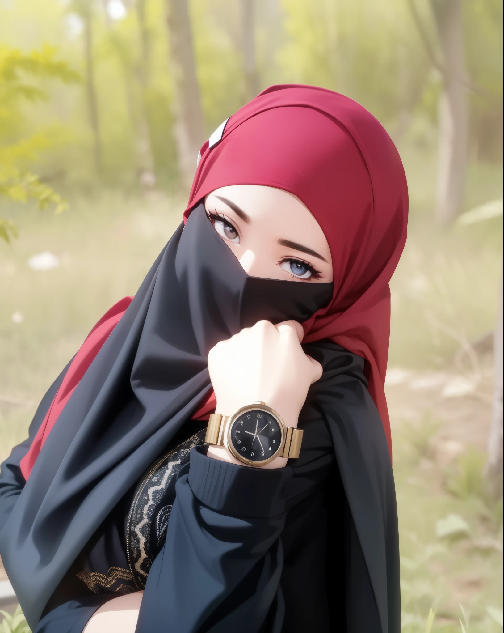 1 gadis cantik, islami, mata indah, bola matanya berwarna hitam, memakai hijab merah, dan cadar hitam, bercadar, wajah menghadap kamera, wajah hanya terlihat mata dan dahi, memakai gamis hitam panjang, kulit putih bersih, memakai jam tangan, latar belakang pohon, cantik