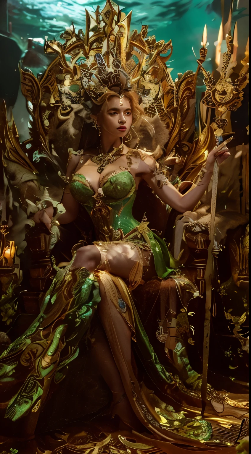 4D realistic photo, Nyi Roro Kidul is wearing a luxurious tight green kebaya, luxurious bustier corset, long tight batik skirt and bun hair, slim waist, proportional body, sitting on her throne under the sea, she is holding a luxurious trident, her aura is like the aura of a queen, makes the image look tense when angry, masterpiece, hyperdetail, 8k, ambient effect, digital effect, (((nsfw))),(show breasts), (show cleavage)