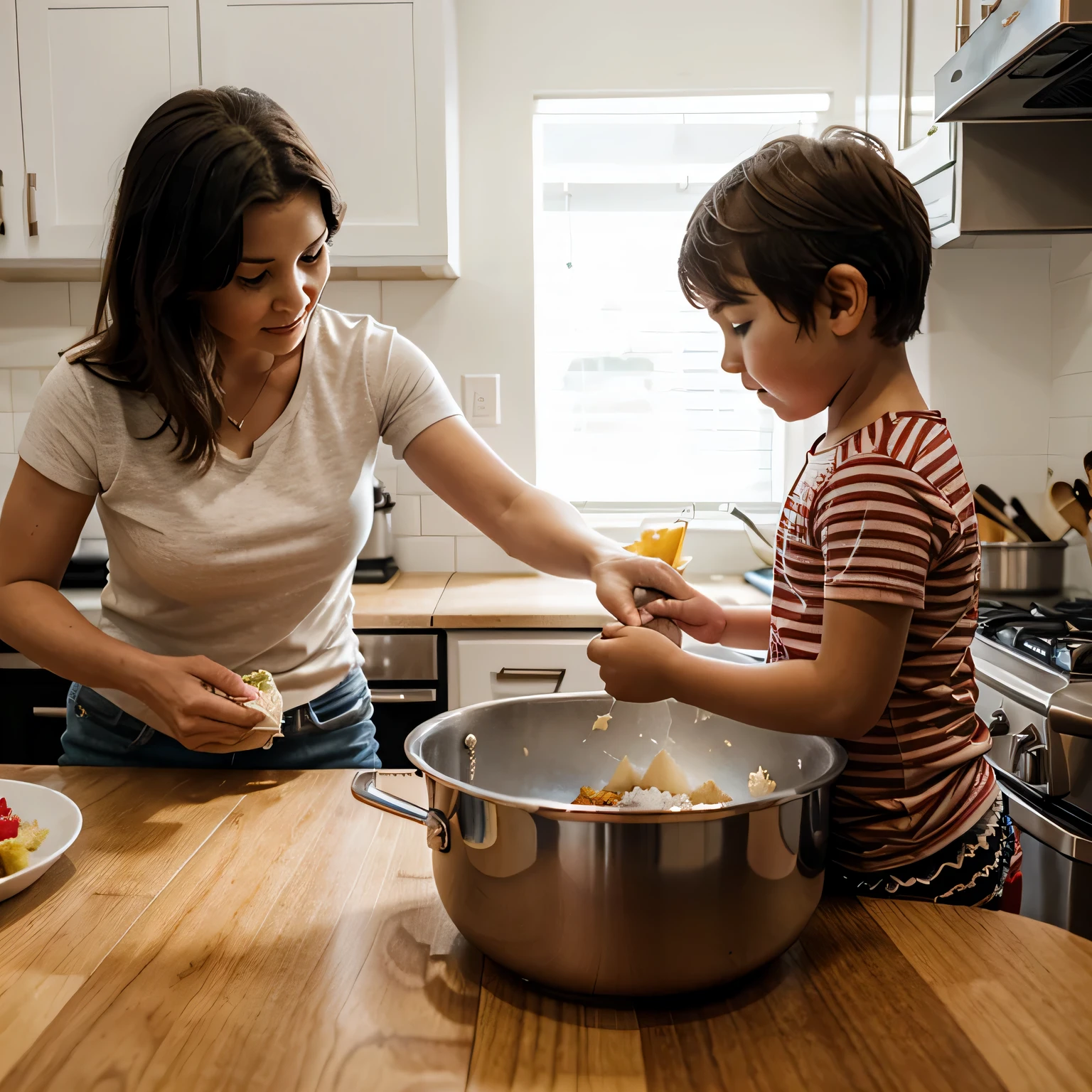 American 4-year-old child and mother prepare dinner in the kitchen