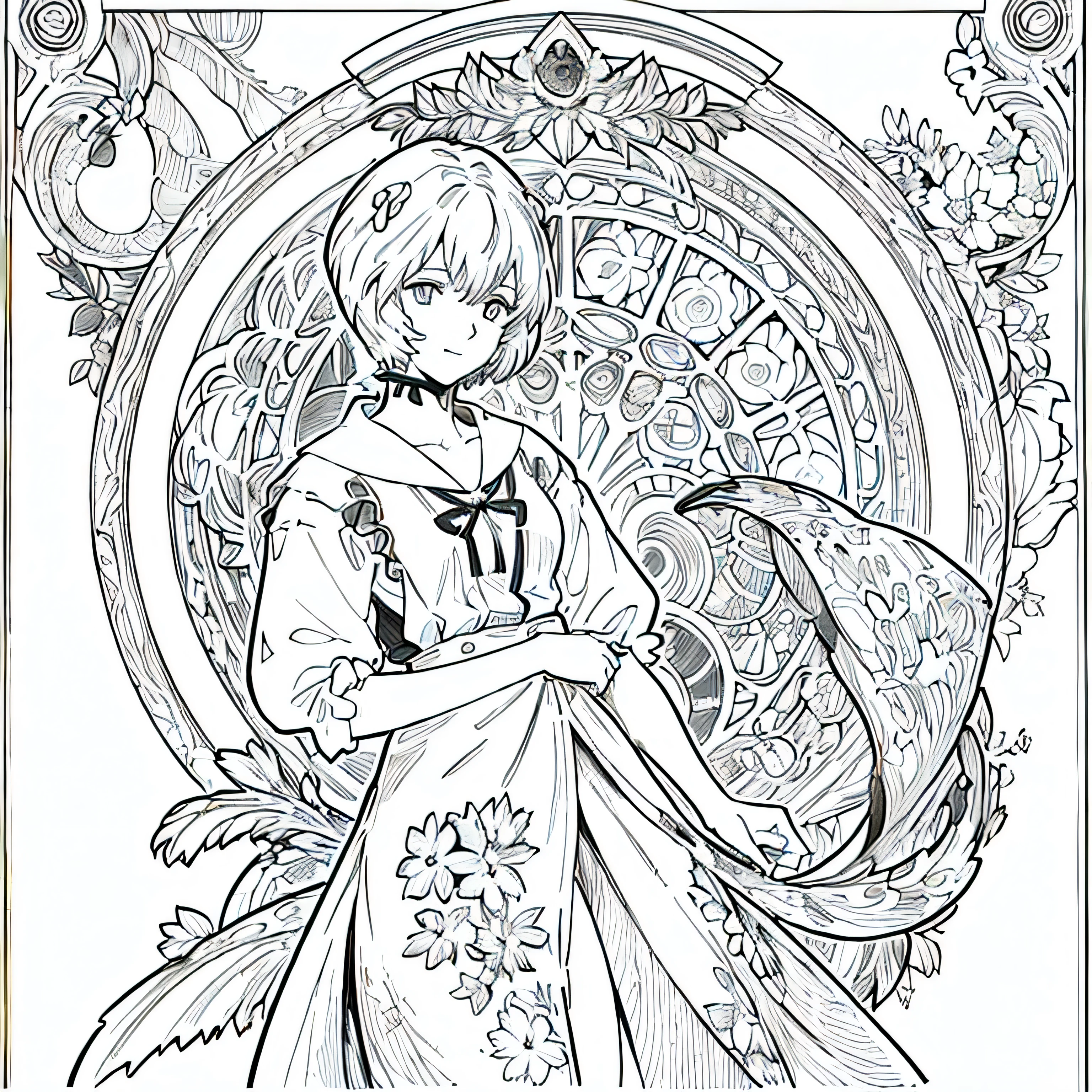 ((ayanamirei)) portrait, school uniform, short sleeves, short hair, smiling, floral frame, decorative panel, abstract, Art by Alphonse Mucha, sketch, character lines and scenes without colors and shadows. (Masterpiece, Best Quality, Highres:1.4), Detailed, Intricate Details, 4K, color splashes, line art, fibonacci