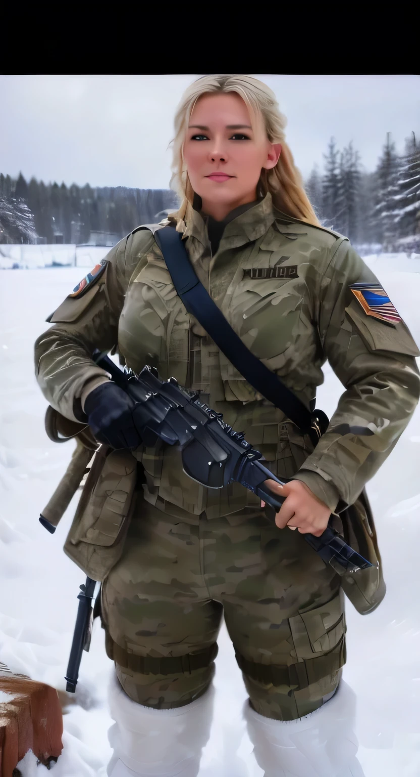 (Best quality at best, 8K, A high resolution, ultra - detailed, actual: 1.4), physically-based renderingt, professional colorgraded, binh女性, holding a gun, Curved hips, White military uniform, binh, Braided hair, camouflage military unit, tanks, fighter jets, mortar, Attractive figure, nedium breasts, superior nedium breasts, Blonde girl wearing white camouflage uniform, snow landscape
