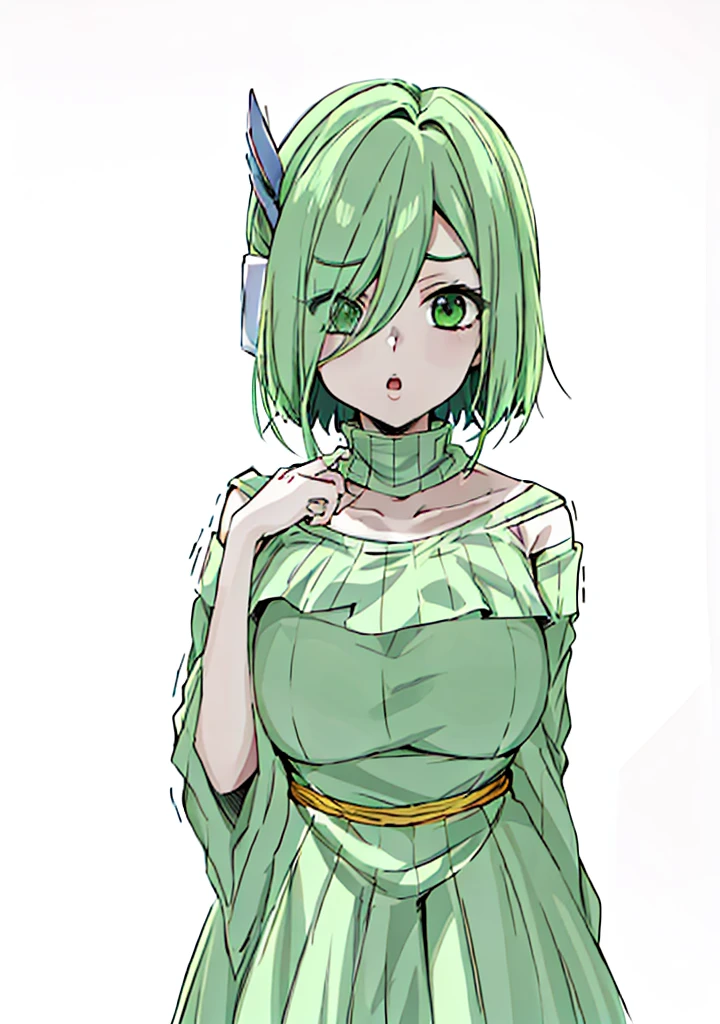 (huge breasts, curvy, gigantic sagging breasts, large breasts, gigantic breasts, sagging breasts), solo, 1girl, green_hair, bangs, green_eyes, hair_over_one_eye, striped, white_background, bare_shoulders, dress, long_sleeves, eyebrows_visible_through_hair, sleeveless, looking_at_viewer, green_dress, wide_sleeves, hand_up, simple_background, sleeveless_dress, hair_intakes, hand_on_own_chest, breasts, open_mouth, fingernails, short_hair, hair_between_eyes, green_nails, small_breasts, green_theme, upper_body, hair_ornament, cowboy_shot, collarbone, vertical_stripes, detached_sleeves, standing, parted_lips, :o, off_shoulder, gold_trim