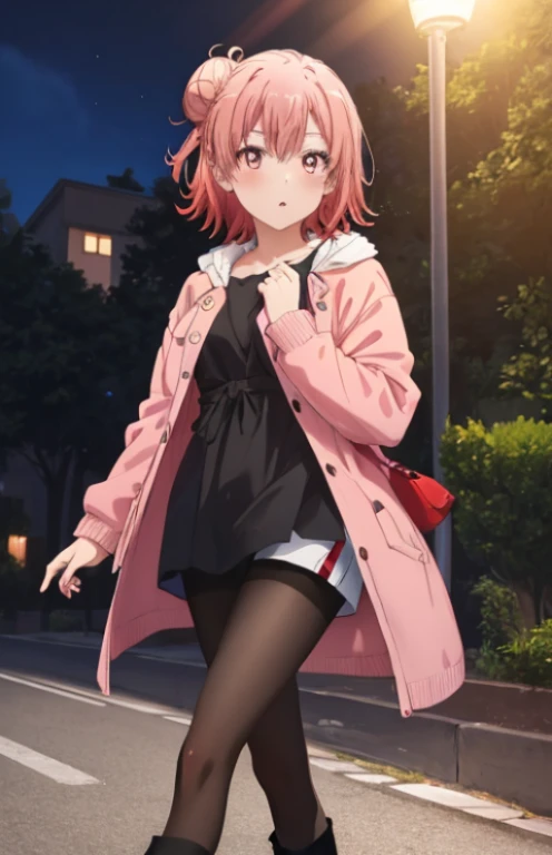 masutepiece, High quality, Best Quality, High resolution, 4K, High Definition, Beautiful lighting,Highly detailed face, well-drawn hands, well-drawn legs,well-drawn feet,well-drawn eyes,1girl in, Short hair, Pink hair, Pink eyes, Yui, Hair bun,red coat，White Long Sweater，shortpants，black pantyhose king，Black short boots，In the street、Walking，-so，