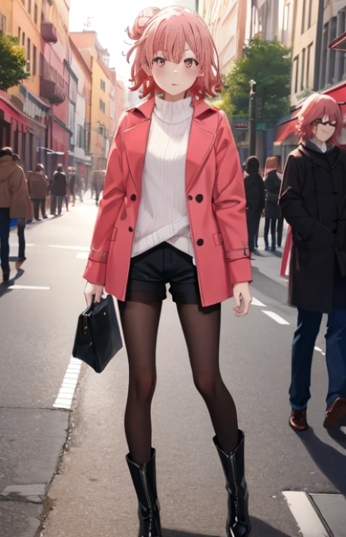 masutepiece, High quality, Best Quality, High resolution, 4K, High Definition, Beautiful lighting,Highly detailed face, well-drawn hands, well-drawn legs,well-drawn feet,well-drawn eyes,1girl in, Short hair, Pink hair, Pink eyes, Yui, Hair bun,red coat，White Long Sweater，shortpants，black pantyhose king，Black short boots，In the street、Walking，-so，