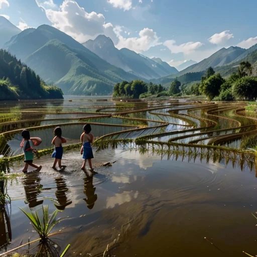 Children, girls and boys play in the rice fields, there are fish, water, and mountains.