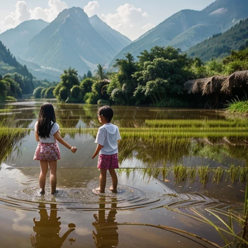 Children, girls and boys play in the rice fields, there are fish, water, and mountains.