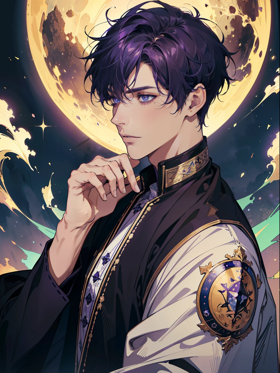 (absurdres, highres, ultra detailed), 1 male, , handsome, finely detailed eyes and detailed face, night sky, the moon \tarot\, Symbolism, Visual art, Occult, Universal, Vision casting, Philosophical, Iconography, Numerology, Popularity, Artistic, Alphone Mucha, short hair, purple hair scar on eye purple colors