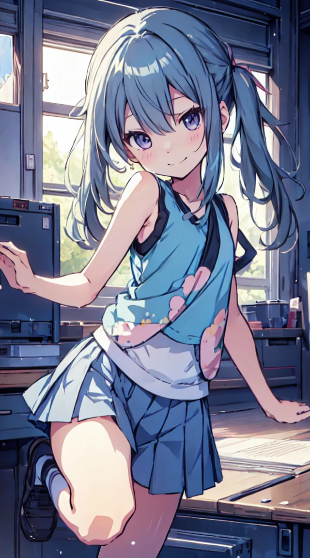 masutepiece, Best Quality,Illustration, Wallpaper, ultra -detail, 1loli、♡、Futomo、Poses in motion、A mischievous smile、Tank tops、a short skirt、to jump