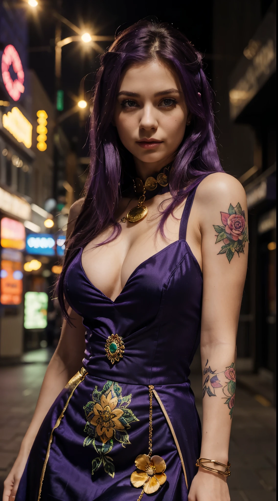 Beutiful woman, full hd, master piace, high quality, super detail, purple hair, green eyes, close-up, cinematic lights, high-neck sleeveless plaid dress, gold bracelet, colorful flower tattoo on arms