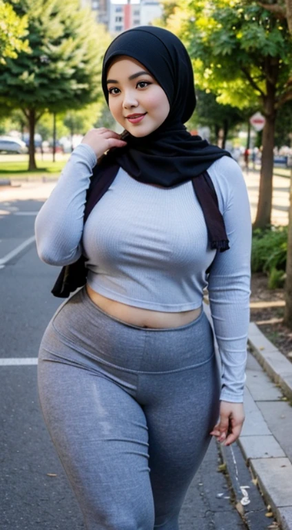 the best masterpiece, chubby hijab woman, beautiful Asian face, full breasts, wearing a checkered shirt, wearing sport leggings, walking in the city park, smiling sweetly, facial details, body details, ultra detailed, realistic quality