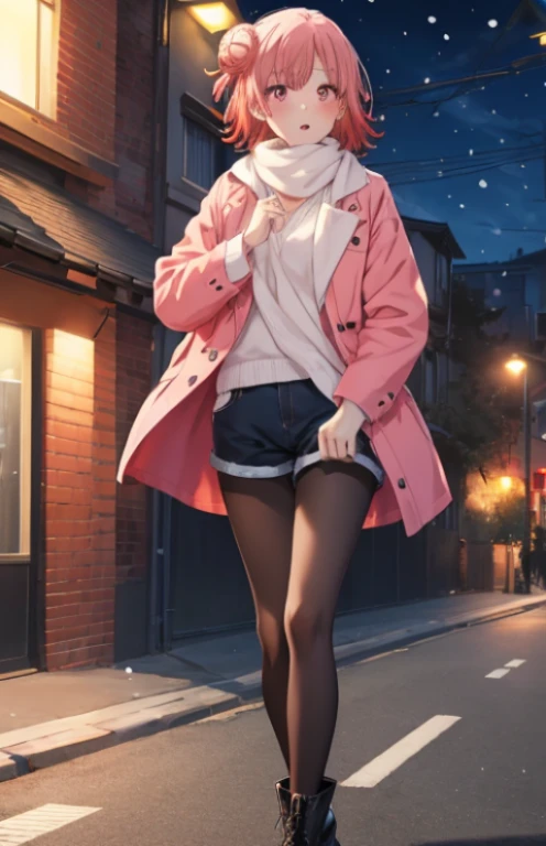 masutepiece, High quality, Best Quality, High resolution, 4K, High Definition, Beautiful lighting,Highly detailed face, well-drawn hands, well-drawn legs,well-drawn feet,well-drawn eyes,1girl in, Short hair, Pink hair, Pink eyes, Yui, Hair bun,red coat，muffler，White Long Sweater，shortpants，black pantyhose king，Black short boots，In the street、It's snowing，Walking，-so，