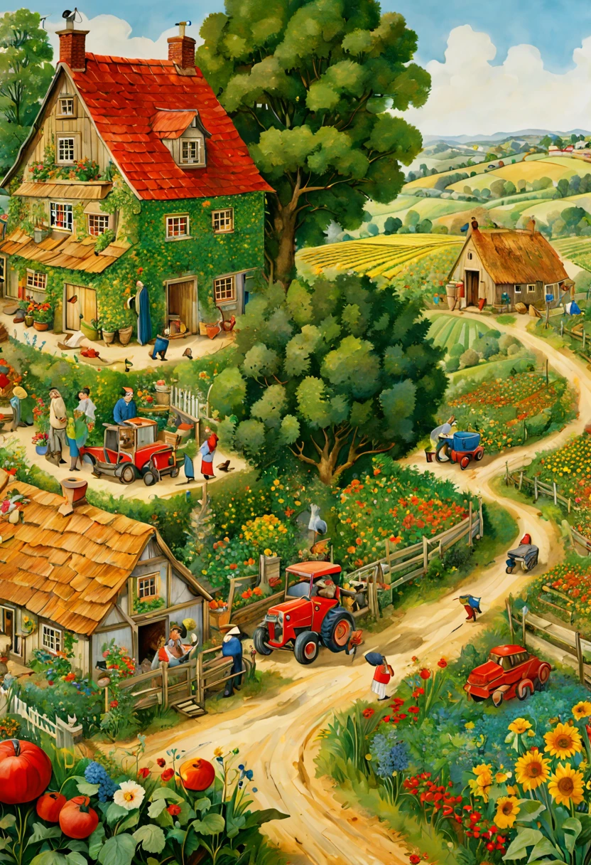 by Richard Scarry and Elsa Beskow, Farm, intricate, (best quality, masterpiece, Representative work, official art, Professional, unity 8k wallpaper:1.3)