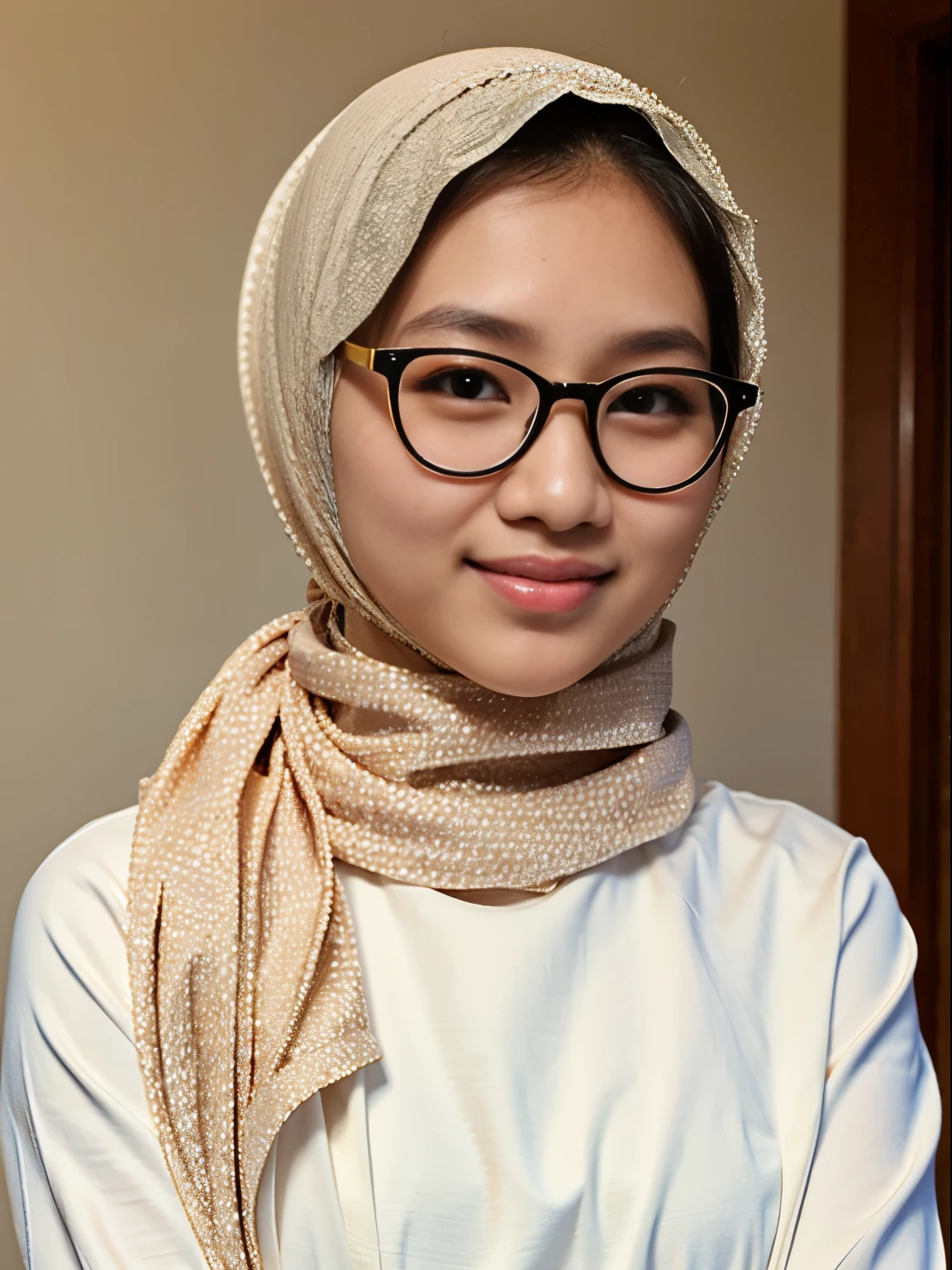 Masterpiece, realistic, hd, 1girl, Asian face, wearing cream color hijab, muslim, smile, wear round glasses, potrait photo, ootd