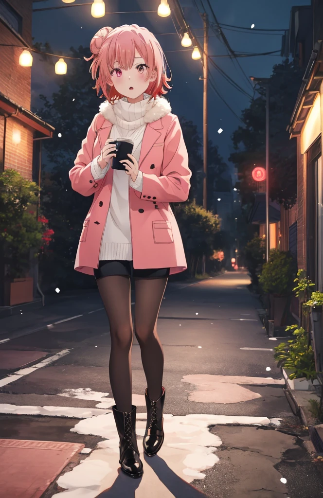 masutepiece, High quality, Best Quality, High resolution, 4K, High Definition, Beautiful lighting,Highly detailed face, well-drawn hands, well-drawn legs,well-drawn feet,well-drawn eyes,1girl in, Short hair, Pink hair, Pink eyes, Yui, Hair bun,red coat，muffler，White Long Sweater，shortpants，black pantyhose king，Black short boots，In the street、It's snowing，Walking，-so，