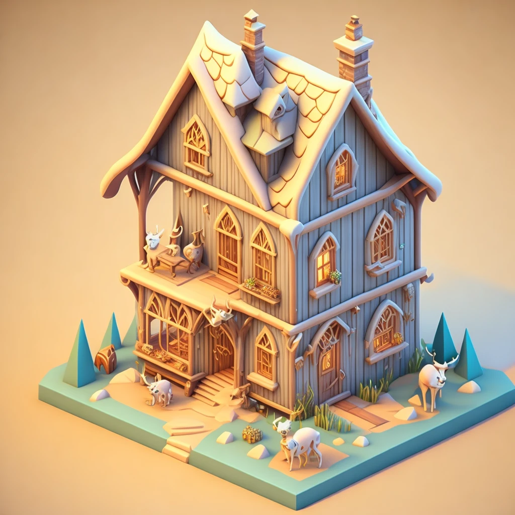 Isometric house, cosplay style, Cartoonish, Excuse me, fanciful, mobile game，Primitive，Animal skeletons，steins，wood