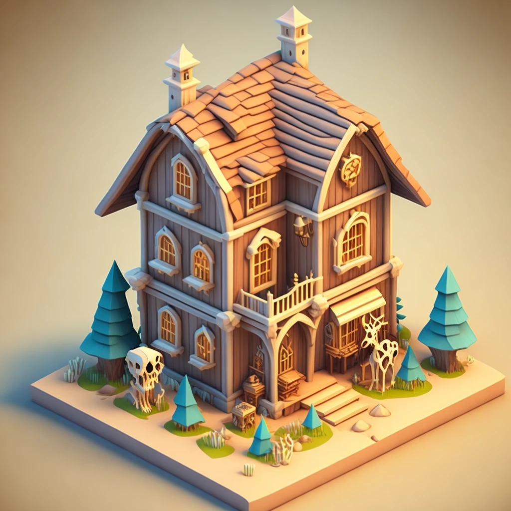 Isometric house, cosplay style, Cartoonish, Excuse me, fanciful, mobile game,Primitive,Animal skeletons,steins,wood