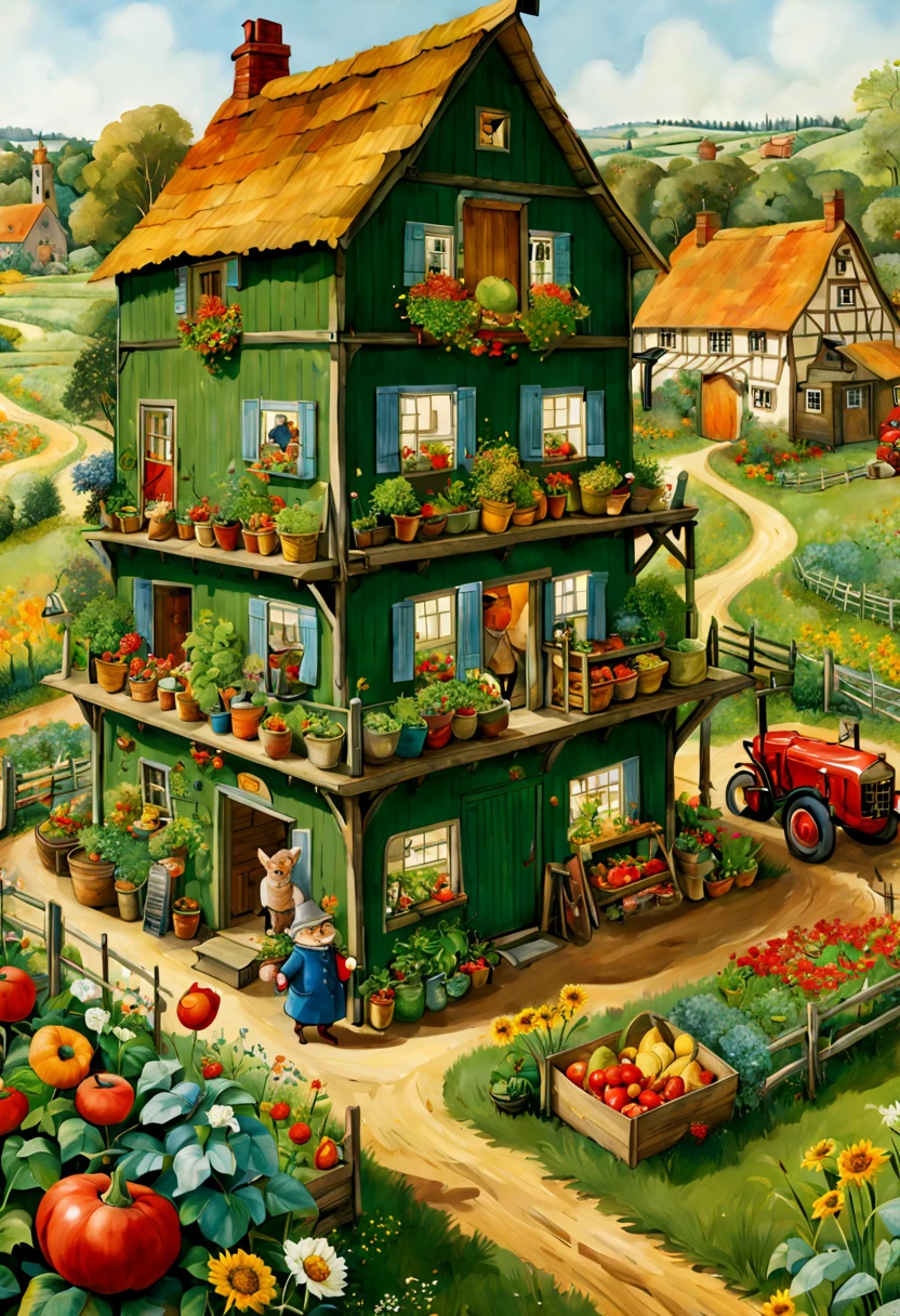 by Richard Scarry and Elsa Beskow, Farm, intricate, (best quality, masterpiece, Representative work, official art, Professional, unity 8k wallpaper:1.3)