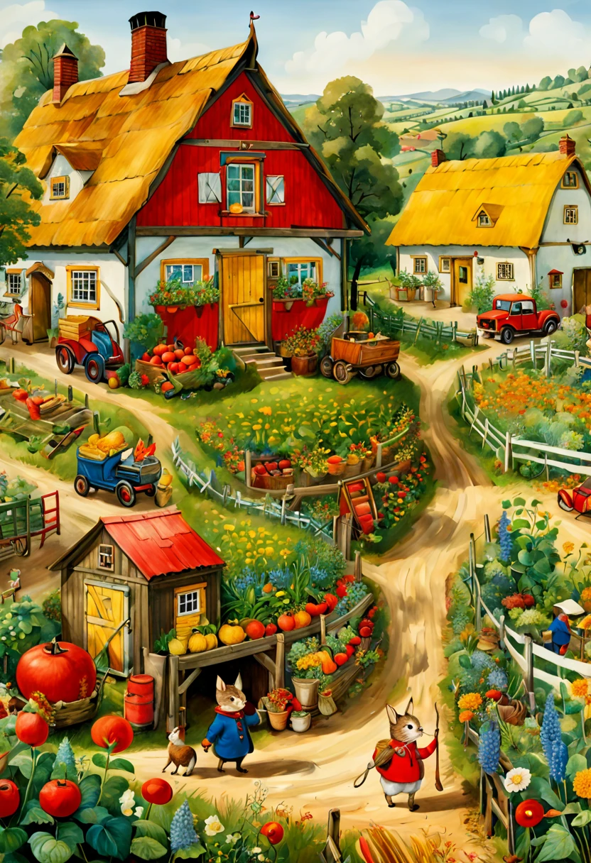 by Richard Scarry and Elsa Beskow, Farm, intricate, (best quality, masterpiece, Representative work, official art, Professional, unity 8k wallpaper:1.3)