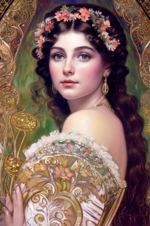 The prompt for generating a Stable Diffusion image of a gorgeous woman in a floral fae style, painted by Gustav Klimt and Alphonse Mucha, would be as follows:
"gorgeous woman,floral,fae,gustav klimt,alphonse mucha,painted by klimt,painted by mucha,(best quality,4k,8k,highres,masterpiece:1.2),ultra-detailed,(realistic,photorealistic,photo-realistic:1.37),medium:oil painting,beautiful detailed eyes,beautiful detailed lips,extremely detailed eyes and face,longeyelashes,ethereal,flowing hair,delicate facial features,ornate jewelry,decorative patterns,golden color palette,vibrant colors,soft lighting"