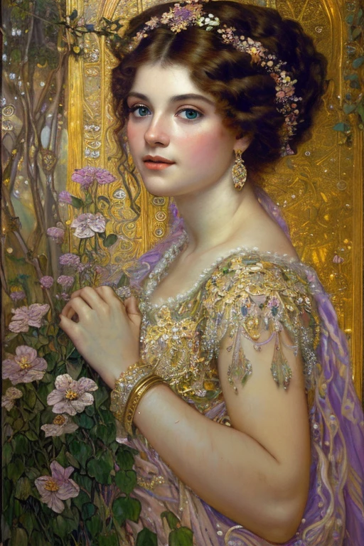 The prompt for generating a Stable Diffusion image of a gorgeous woman in a floral fae style, painted by Gustav Klimt and Alphonse Mucha, would be as follows:

"gorgeous woman,floral,fae,gustav klimt,alphonse mucha,painted by klimt,painted by mucha,(best quality,4k,8k,highres,masterpiece:1.2),ultra-detailed,(realistic,photorealistic,photo-realistic:1.37),medium:oil painting,beautiful detailed eyes,beautiful detailed lips,extremely detailed eyes and face,longeyelashes,ethereal,flowing hair,delicate facial features,ornate jewelry,decorative patterns,golden color palette,vibrant colors,soft lighting"