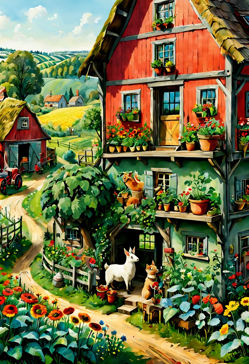 by Richard Scarry and Elsa Beskow, Farm, intricate, (best quality, masterpiece, Representative work, official art, Professional, unity 8k wallpaper:1.3)