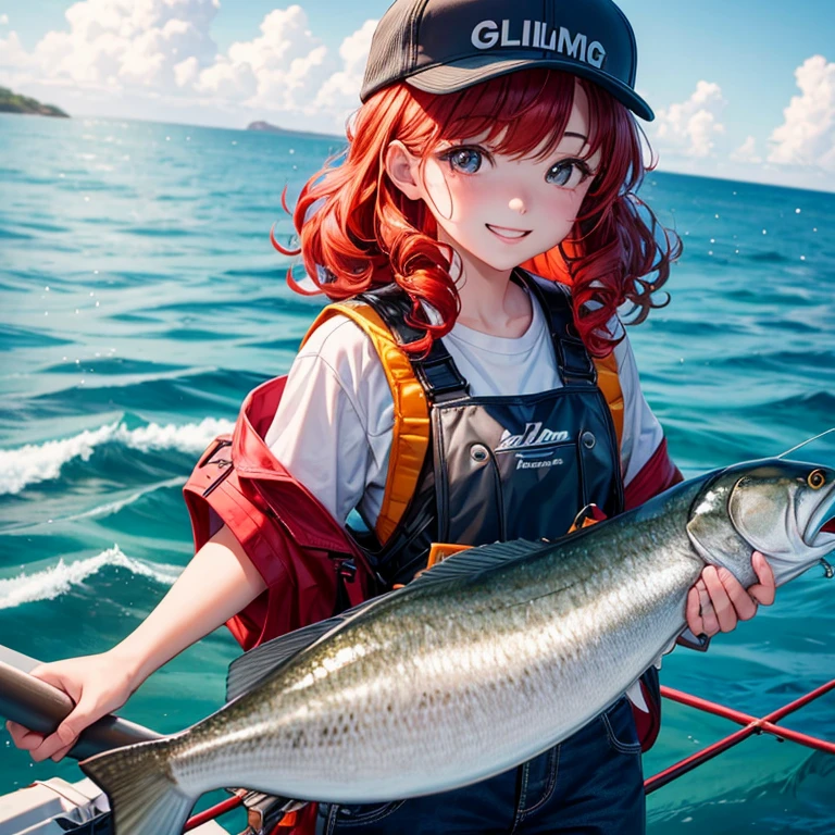 1girl in, Solo, On a fishing boat、offshore、Girls Fishing、The moment I caught a yellowtail、Red hair, Curly hair, Medium Hair Up、Gray cap、gray fishing clothes、life jacket、Smile, Standing, a closeup、Highest quality image quality、8K、An ultra-high picture quality、