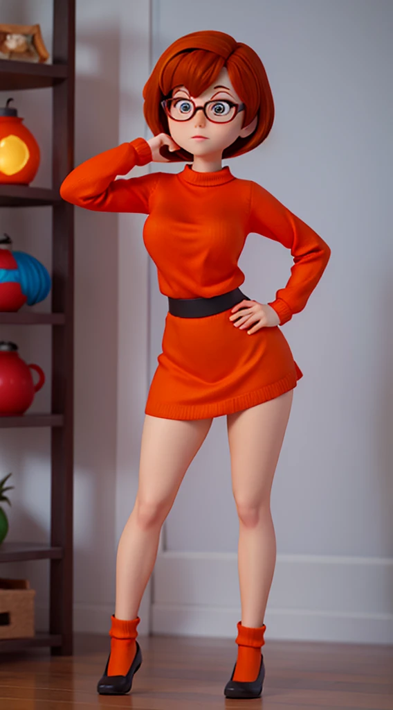 character velma from the cartoon scooby doo wearing an orange sweater, a red circle skirt, orange socks, a black temis, perfect breasts, perfect butt, shapely legs, pose with a black background