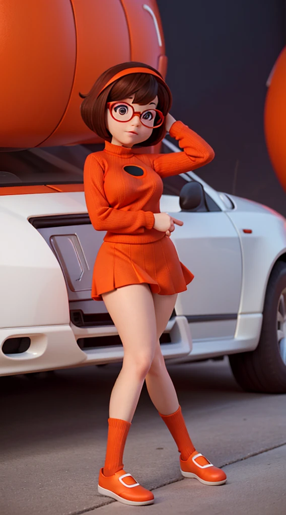 character velma from the cartoon scooby doo wearing an orange sweater, a red circle skirt, orange socks, a black temis, perfect breasts, perfect butt, shapely legs, pose with a black background