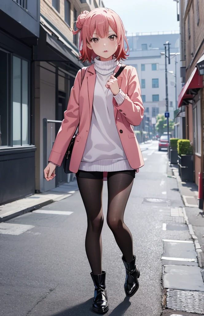 masutepiece, High quality, Best Quality, High resolution, 4K, High Definition, Beautiful lighting,Highly detailed face, well-drawn hands, well-drawn legs,well-drawn feet,well-drawn eyes,1girl in, Short hair, Pink hair, Pink eyes, Yui, Hair bun,red coat，muffler，White Long Sweater，shortpants，black pantyhose king，Black short boots，In the street、It's snowing，Walking，-so，