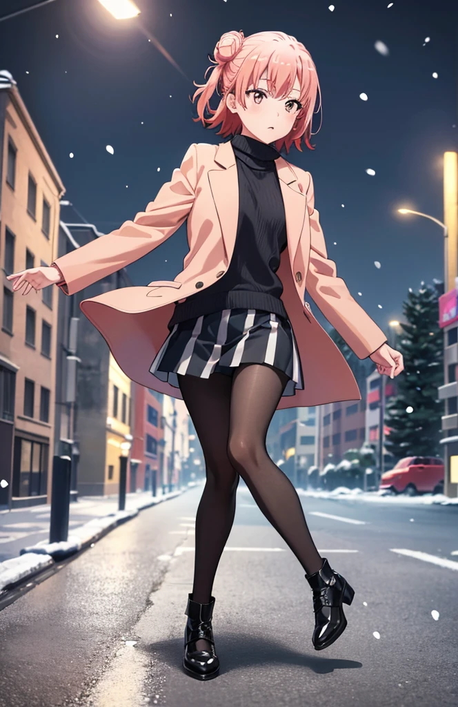 masutepiece, High quality, Best Quality, High resolution, 4K, High Definition, Beautiful lighting,Highly detailed face, well-drawn hands, well-drawn legs,well-drawn feet,well-drawn eyes,1girl in, Short hair, Pink hair, Pink eyes, Yui, Hair bun,red coat，muffler，White Long Sweater，shortpants，black pantyhose king，Black short boots，In the street、It's snowing，Walking，-so，