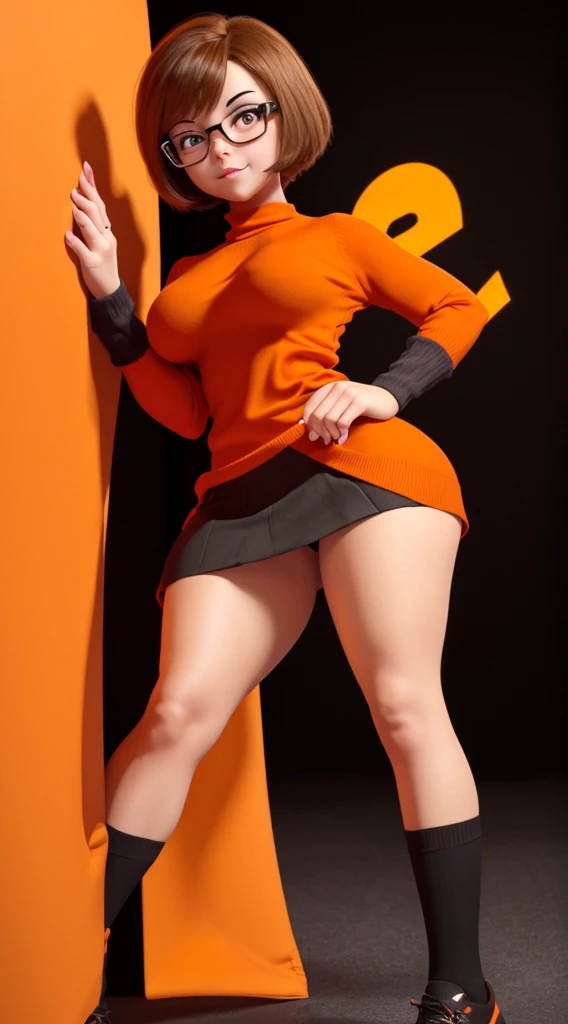 character velma from the cartoon scooby doo wearing an orange sweater, a red circle skirt, orange socks, a black temis, perfect breasts, perfect butt, shapely legs, pose with a black background