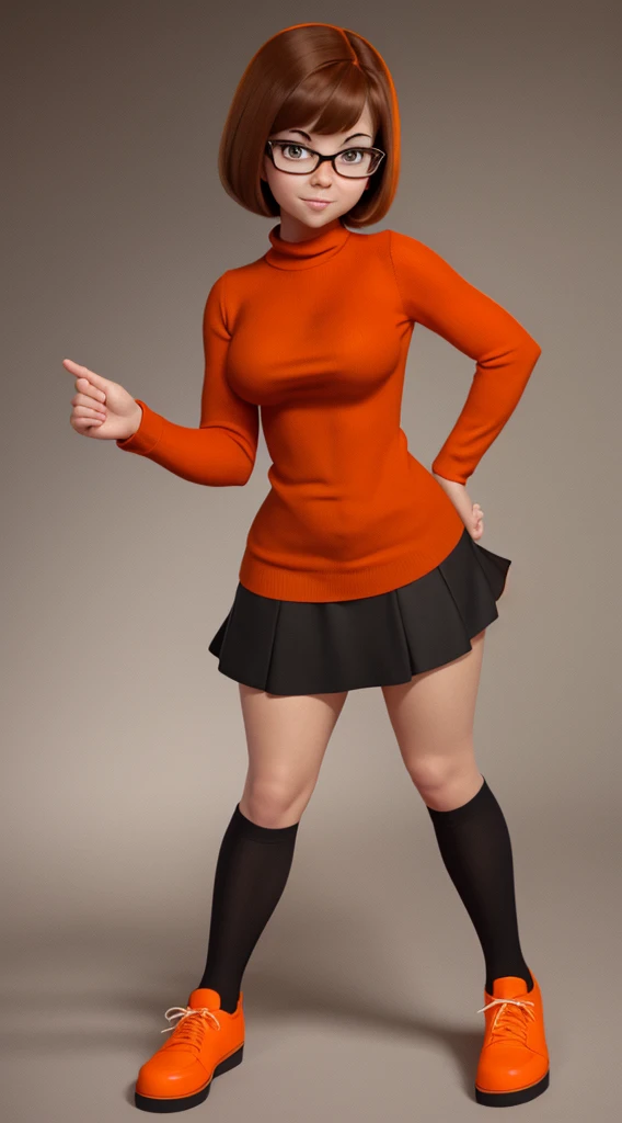 character velma from the cartoon scooby doo wearing an orange sweater, a red circle skirt, orange socks, a black temis, perfect breasts, perfect butt, shapely legs, pose with a black background