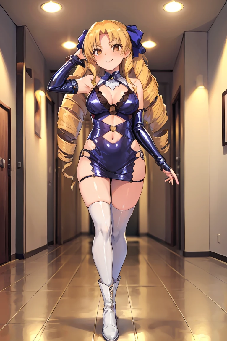 masterpiece, highres, best quality, absurdres, official, (bodycon, microdress), Luvia, (1girl:1.2), (solo), long hair, blonde hair, drill hair, brown eyes, (hair ribbon), white boots, (extremely wrinkled shiny clothes reflecting light:1.2), latex, skin fit, gleaming skin, navel, glamorous perfect female proportion, captivating smile, blush, venue,