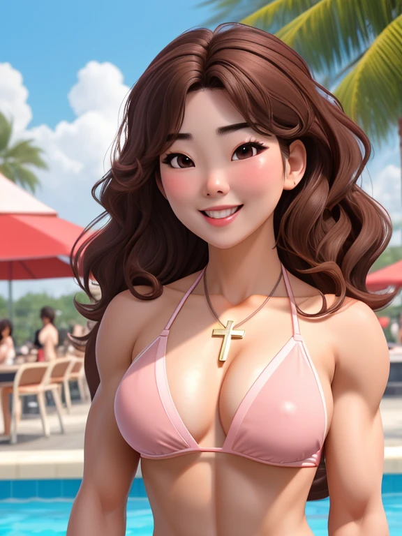 attractive korean woman, ripped muscle, muscular body, small breast, pale skin, smile(blush), bikini, cross necklace, sixpack abs, [ultra detailed skin:1.2], brown hair, wavy hair, 8k uhd, pussy, full body, crowd, public, poolside, standing, cum on face,