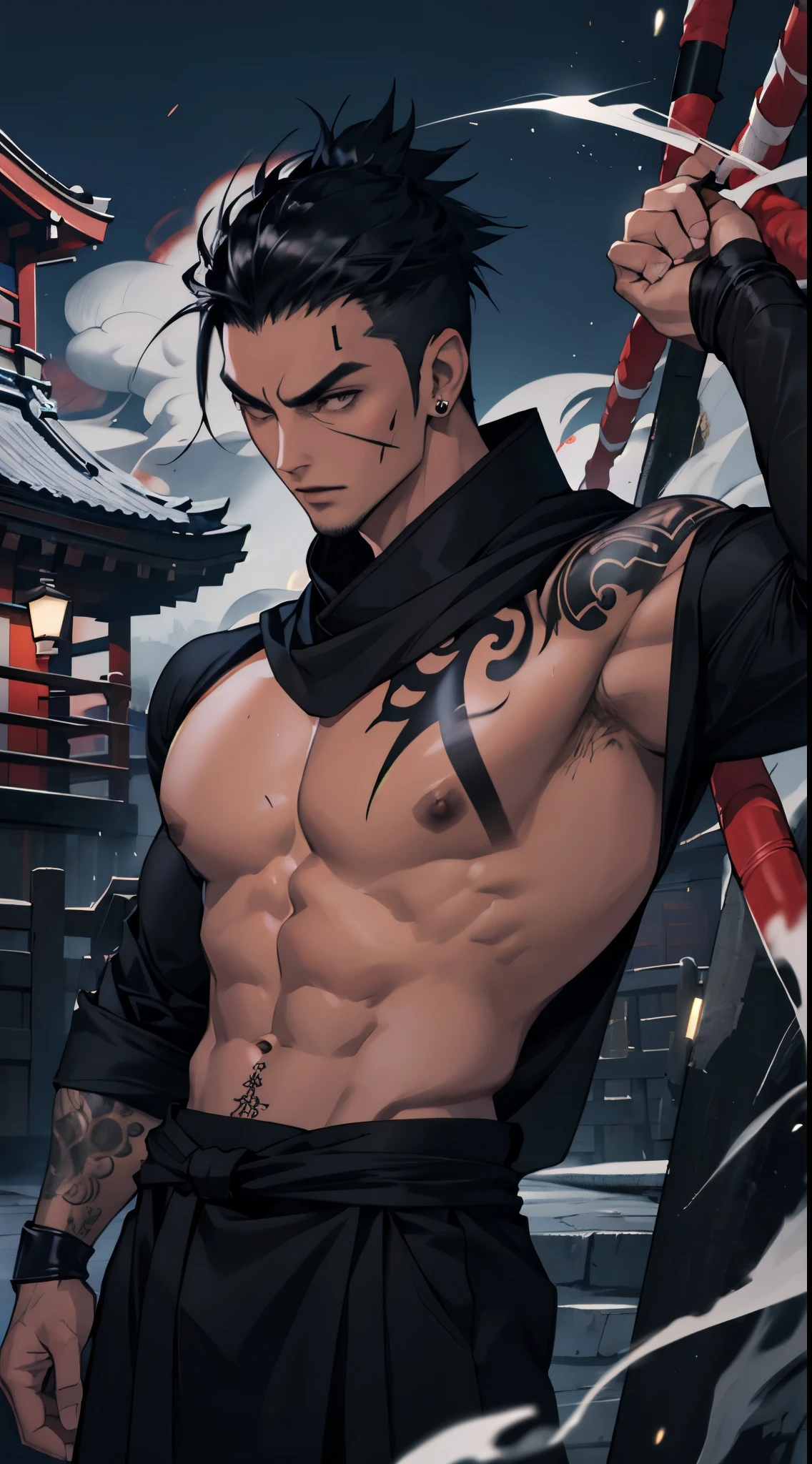Japanese male ninja, muscular, cool, handsome, sharp, dark skin, skinhead, pierced ears, wearing a see-through black ninja outfit, tattoo, dagger, mysterious, solemn, late at night, on the roof. Japanese temple, dark, smoke bomb, portrait