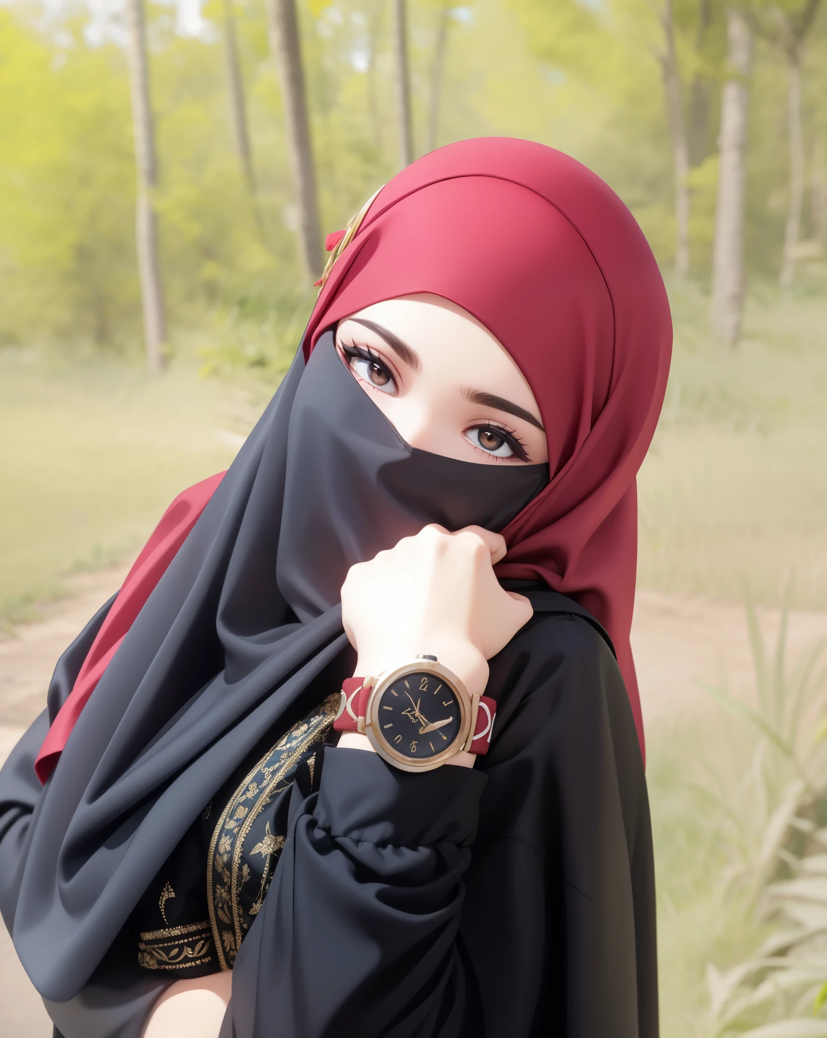 1 gadis cantik, islami, mata indah, bola matanya berwarna hitam, mata menghadap depan, memakai hijab merah, dan cadar hitam, bercadar, wajah menghadap kamera, wajah hanya terlihat mata dan dahi, memakai gamis hitam panjang, kulit putih bersih, memakai jam tangan, latar belakang pohon, cantik