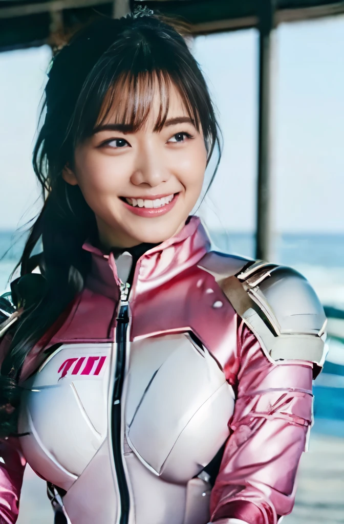 (ultra best quality、8K、masuter piece、delicate illustration)、(Shocking pink and white metallic hero suit with a futuristic fit) 、（Very plump body 1.1、Super Big 1.1）、smiling at the viewer、cleavage of the breast、A dark-haired、the beach、sexypose