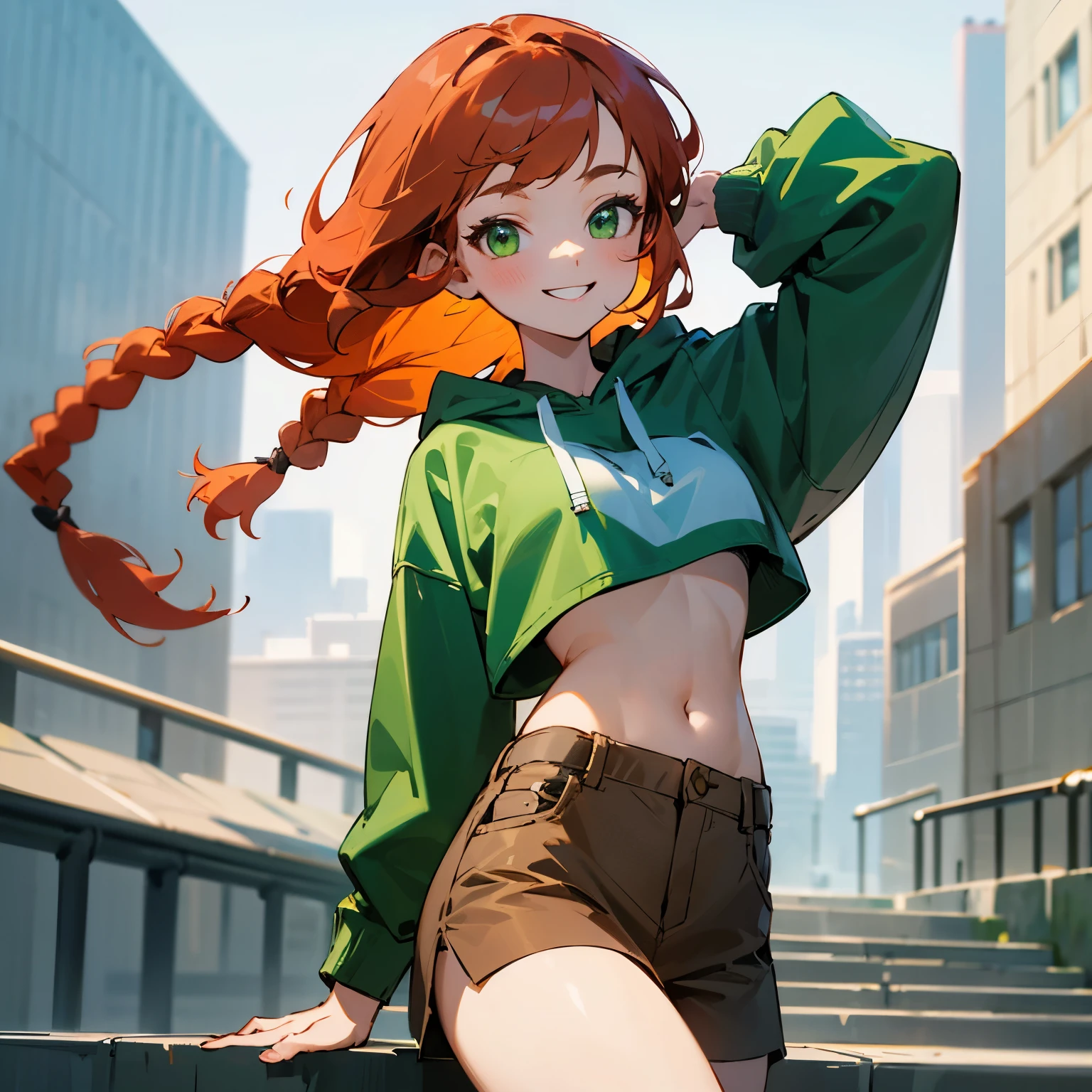 ((best quality)), ((masterpiece)), (detailed), perfect face, 1girl, long braid, ginger hair, green eyes, white crop top t-shirt, khakis, green hoodie, city, high res, ultrasharp, 8k, masterpiece, looking at viewer smiling