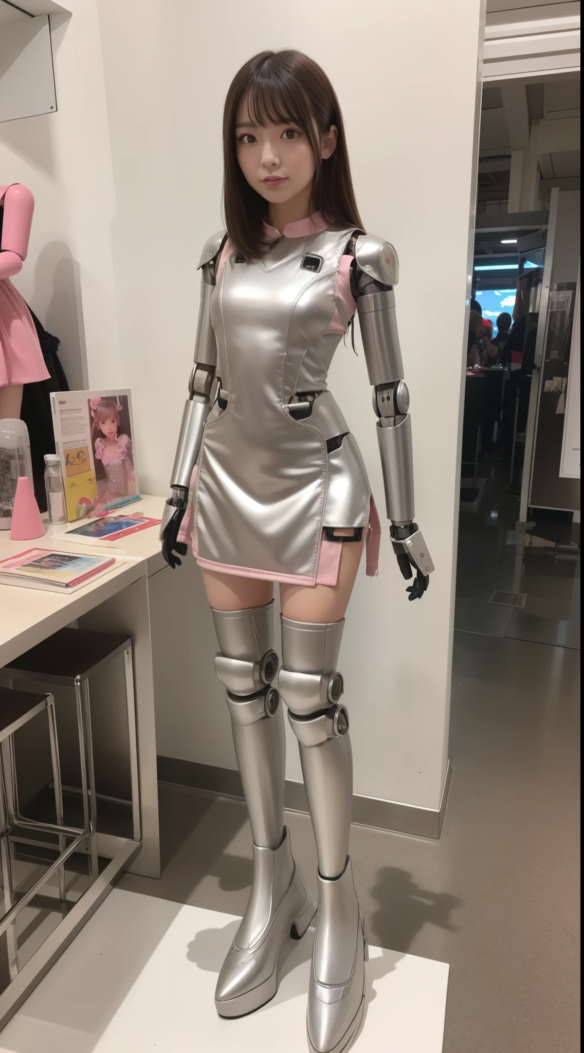 Robot Girl, pink there, Silver, Metallic body, Robot Parts, Metal Parts, Super Detailed Face, Super well-formed face, of the highest quality, a small face, small head, Brown hair, Slender body, Camera gaze, Internal Mechanical Exposure, Idol, front facing, Well-proportioned body, sale, Exhibited, Event Hall, Moe Pose, pink metallic Lolita dress machine armor, Standing with legs open, Model body type, sad, Embarrassing,(Perfect Robot Girl),(Perfect machine body)