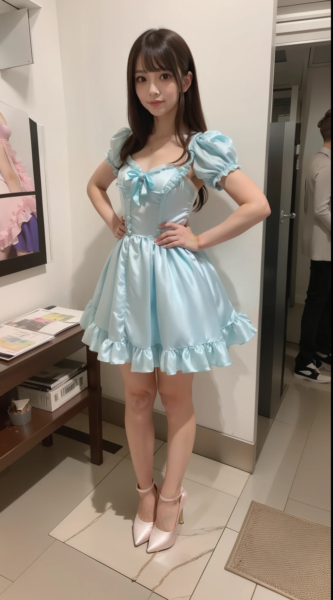 of the highest quality, Idol with slender body, front facing, Well-proportioned body, Exhibited, Event Hall, Moe Pose, pink satin ta dress, Standing with legs open, Hands on hips, Model body type