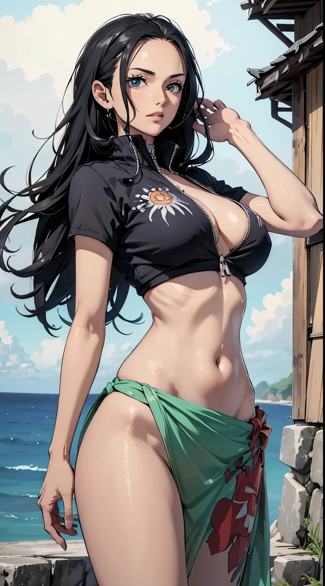 (((tmasterpiece))), nico robin, 1个Giant Breast Girl, Alone, long whitr hair, looking at viewert, ssmile, eBlue eyes, , brunette color hair, navel, ngel, Chopping, Keep your mouth shut, Permanent, 鎖骨, jaket, short- sleeved, cow boy shot, Outdoor activities, daysies空, daysies, diaphragm, ​​clouds, Eau, stomach, blue daysies空, Crop top, groin, hand on hips, the ocean, sun glasses, Wear glasses on your head, zippers, cropped jaket, high-necked, decompressed, sarong, Hair combed back, partially decompressed, print sarong,