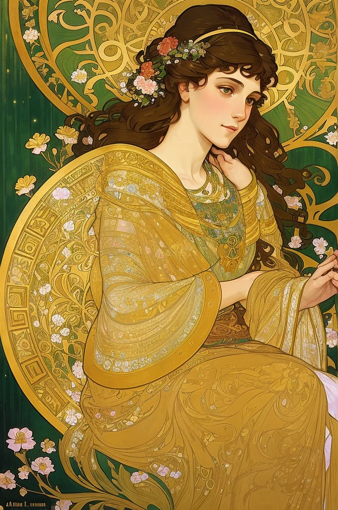 gorgeous woman in a floral fae style, painted by Gustav Klimt and Alphonse Mucha, would be as follows: "gorgeous woman,floral,fae,gustav klimt,alphonse mucha,painted by klimt,painted by mucha