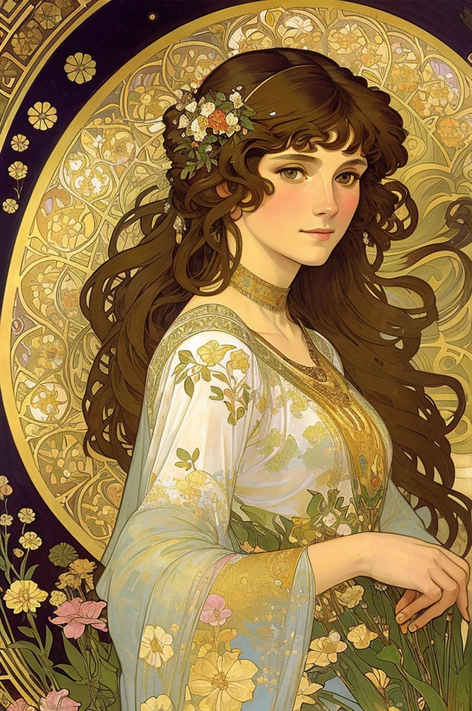 gorgeous woman in a floral fae style, painted by Gustav Klimt and Alphonse Mucha, would be as follows: "gorgeous woman,floral,fae,gustav klimt,alphonse mucha,painted by klimt,painted by mucha