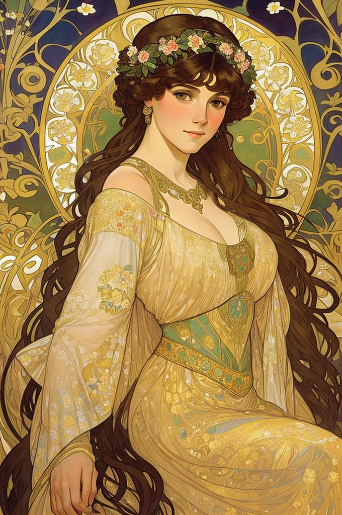 gorgeous woman in a floral fae style, painted by Gustav Klimt and Alphonse Mucha, would be as follows: "gorgeous woman,floral,fae,gustav klimt,alphonse mucha,painted by klimt,painted by mucha