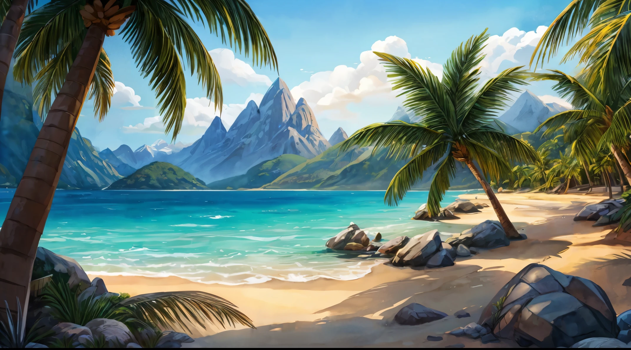 A serene (((seascape))) featuring a (((mountain range))), with crystal clear waters and gently swaying (((coconut trees))) in the distance, painted in a (detailed, 4K high-resolution watercolor style), 16:9 Landscape