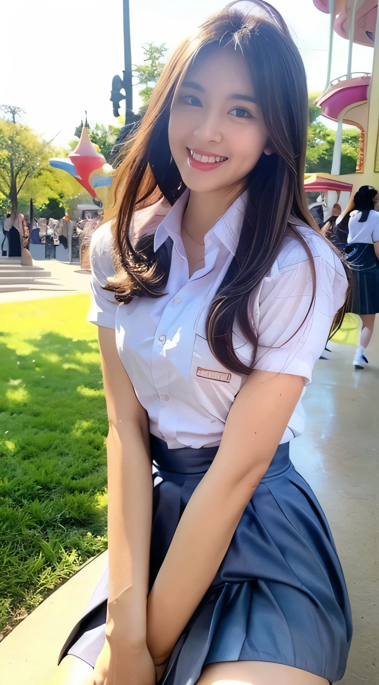 1  girl 10 years old pretty, Beautiful, Amazing face and eyetremely detailed beautiful face), (sexiest look), (Beautiful big breasts:1.2), (School uniform, pleated miniskirt:1.2), (Best Quality:1.4), (Ultra-detailed), (extremely detailed CG unified 8k wallpaper), Highly detailed, RAW Photos, Professional Photography, (Crowded amusement park:1.3), benches, (roller coaster, ferris wheel), Sitting, (Spread your legs wide open), Scenery like a scene from a movie,