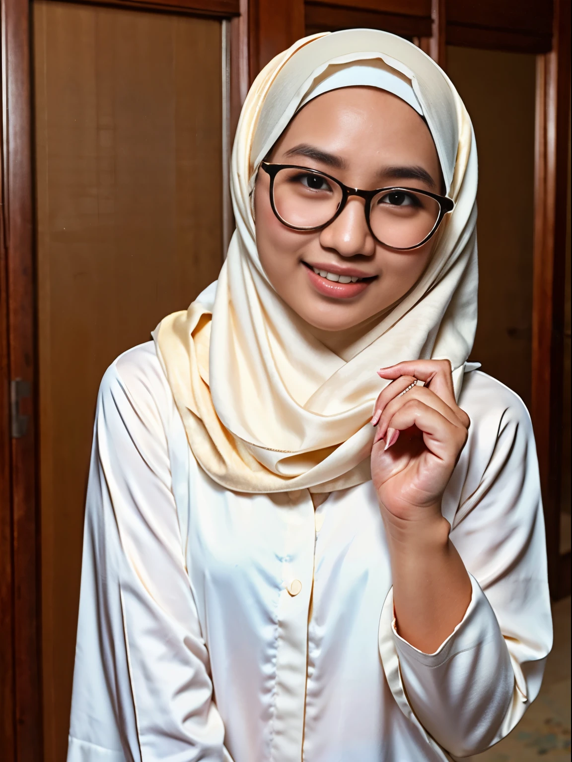 Masterpiece, realistic, hd, 1girl, Asian face, wearing cream color hijab, muslim, smile, wear round glasses, potrait photo, ootd, small opened mouth, 2 finger pose