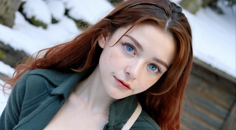Pretty woman, similar to Amouranth,cute,huge natural breasts, red hair curly/flowing, detailed dark BLUE eyes and face, not to skinny, naughty smile, make it ultra-realistic, western european girl, in the snow in the mountains, clothing colour needs to be anything but green, extremely detailed blue eyes, extremely long wavy red hair, extremely long hair, extremely detailed blue eyes, detailed round glasses, wearing a wrath