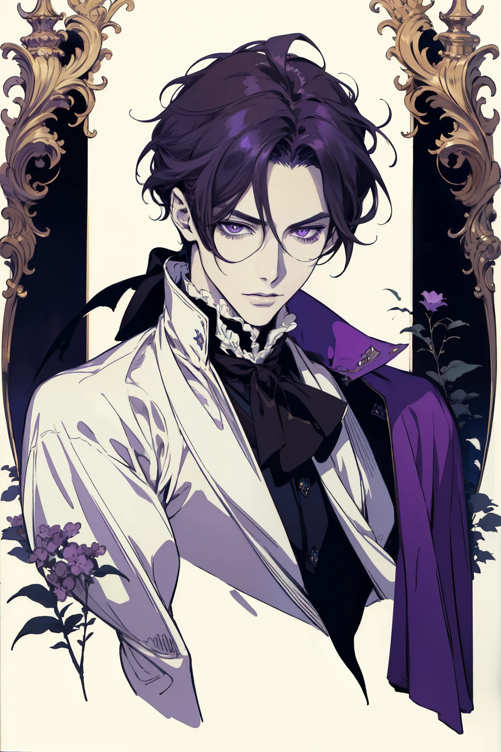 masterpiece, (absurdres:1.1), best quality, extremely delicate, Victorian era badass anime drawing of a man Regal Victorian era character masterpiece, (absurdres:1.1), best quality, extremely delicate, Victorian era badass anime drawing of a man Regal Victorian era inspired a close up character portrait, [ character design ], demon slayer rui fanart, [[[[grinning evily]]]] natural blonde hair Victorian era inspiration Victorian era badass anime drawing of a man Regal Victorian era inspired a close up of a man in a purple robe and a purple cape, casimir art, beautiful androgynous prince, portrait of fin wildcloak, fantasy male portrait, delicate androgynous prince, fantasy characture portrait, renaissance prince, picture of a male cleric, handsome prince, inspired in kris from deltarrune, male vampire of clan banu haqim