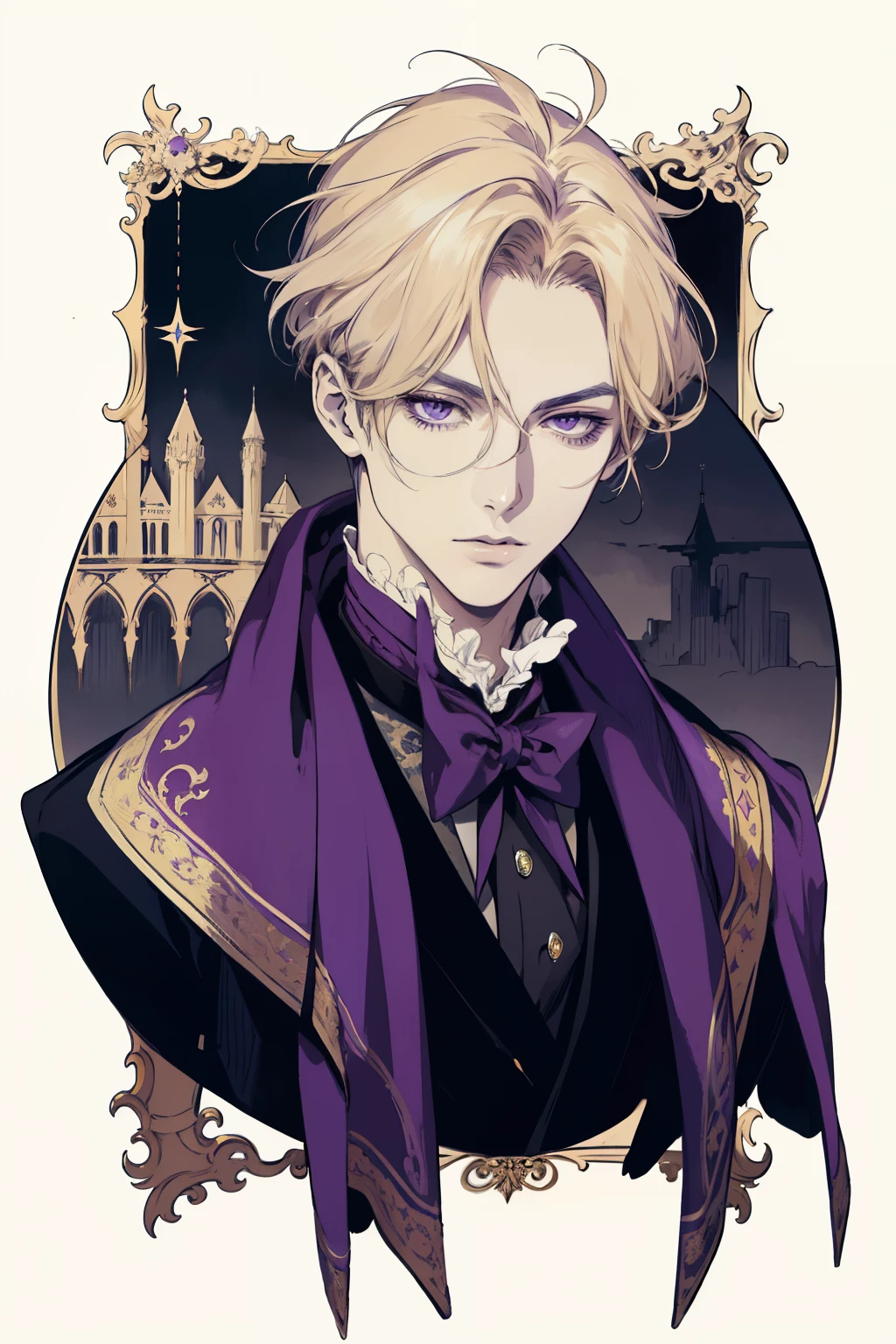 masterpiece, (absurdres:1.1), best quality, extremely delicate, Victorian era badass anime drawing of a man Regal Victorian era character masterpiece, (absurdres:1.1), best quality, extremely delicate, Victorian era badass anime drawing of a man Regal Victorian era inspired a close up character portrait, [ character design ], demon slayer rui fanart, [[[[grinning evily]]]] natural blonde hair Victorian era inspiration Victorian era badass anime drawing of a man Regal Victorian era inspired a close up of a man in a purple robe and a purple cape, casimir art, beautiful androgynous prince, portrait of fin wildcloak, fantasy male portrait, delicate androgynous prince, fantasy characture portrait, renaissance prince, picture of a male cleric, handsome prince, inspired in kris from deltarrune, male vampire of clan banu haqim